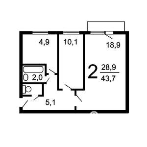 2-к квартира, на длительный срок, 44м2, 2/5 этаж