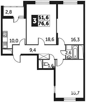3-к квартира, на длительный срок, 78м2, 16/22 этаж