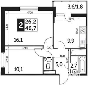 2-к квартира, на длительный срок, 46м2, 5/25 этаж