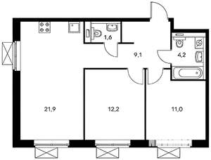 2-к квартира, на длительный срок, 58м2, 3/25 этаж