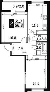 2-к квартира, на длительный срок, 57м2, 2/22 этаж