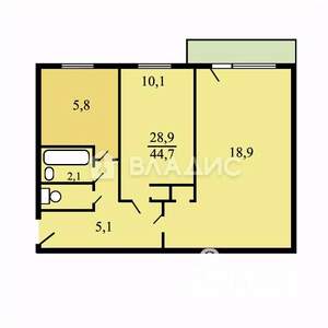 2-к квартира, вторичка, 44м2, 5/5 этаж