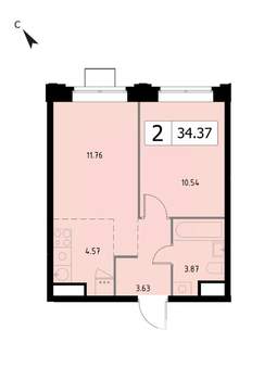 2-к квартира, вторичка, 34м2, 2/17 этаж