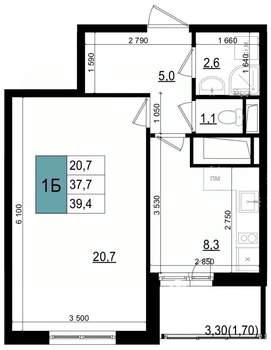 1-к квартира, строящийся дом, 39м2, 18/25 этаж