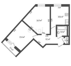 2-к квартира, вторичка, 55м2, 8/25 этаж