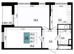 2-к квартира, строящийся дом, 47м2, 13/25 этаж