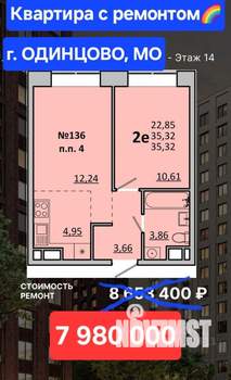 2-к квартира, вторичка, 35м2, 14/17 этаж