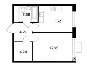 1-к квартира, строящийся дом, 37м2, 21/24 этаж