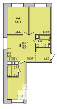 3-к квартира, вторичка, 67м2, 2/17 этаж