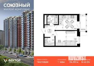 1-к квартира, вторичка, 34м2, 6/24 этаж