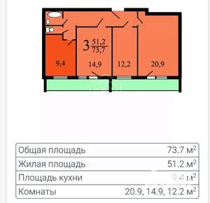3-к квартира, вторичка, 74м2, 4/12 этаж