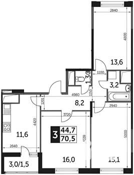 3-к квартира, вторичка, 70м2, 5/22 этаж