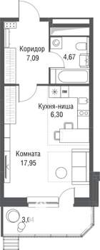 1-к квартира, строящийся дом, 39м2, 21/24 этаж