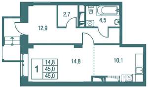 1-к квартира, вторичка, 46м2, 1/25 этаж