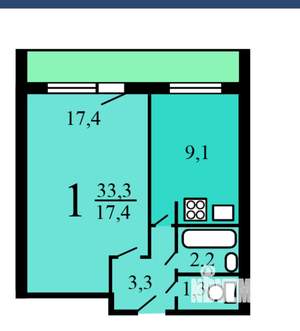 1-к квартира, вторичка, 33м2, 6/9 этаж