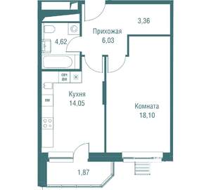 1-к квартира, вторичка, 48м2, 22/24 этаж