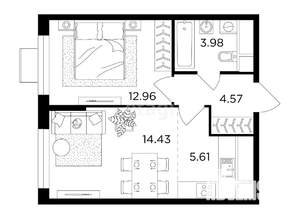 1-к квартира, строящийся дом, 42м2, 18/25 этаж