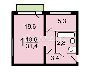 1-к квартира, вторичка, 31м2, 4/5 этаж