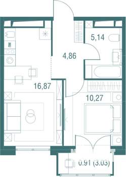 1-к квартира, строящийся дом, 38м2, 22/24 этаж