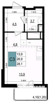 Студия квартира, строящийся дом, 28м2, 22/25 этаж