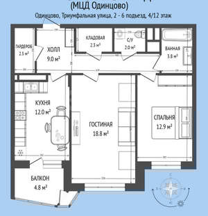 2-к квартира, вторичка, 68м2, 4/15 этаж