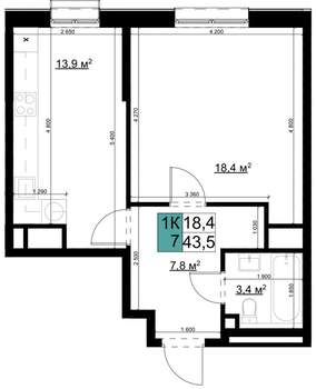 1-к квартира, вторичка, 44м2, 23/24 этаж