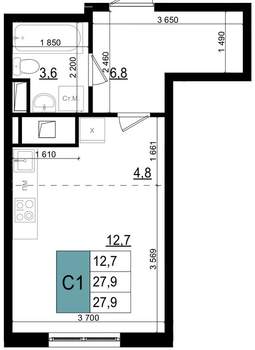 Студия квартира, вторичка, 29м2, 12/25 этаж