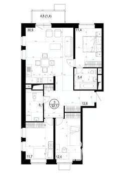 3-к квартира, вторичка, 92м2, 7/19 этаж