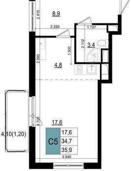 Студия квартира, вторичка, 36м2, 17/25 этаж