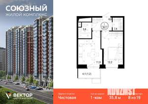 1-к квартира, строящийся дом, 36м2, 8/19 этаж