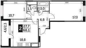 2-к квартира, вторичка, 60м2, 13/22 этаж
