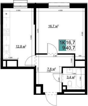 1-к квартира, вторичка, 41м2, 8/24 этаж