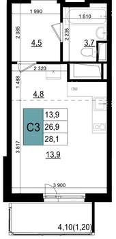 Студия квартира, вторичка, 28м2, 4/25 этаж
