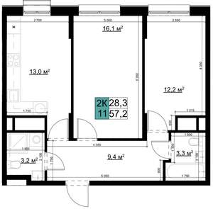 2-к квартира, вторичка, 57м2, 9/25 этаж