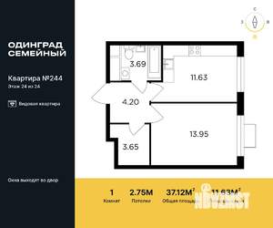 1-к квартира, строящийся дом, 37м2, 24/24 этаж