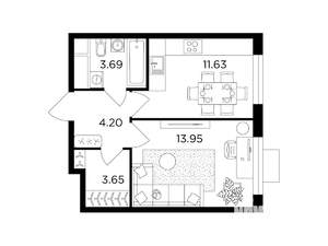 1-к квартира, строящийся дом, 37м2, 24/24 этаж
