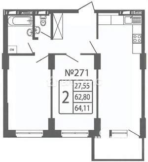 2-к квартира, вторичка, 63м2, 14/24 этаж
