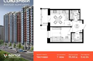 1-к квартира, вторичка, 36м2, 3/24 этаж