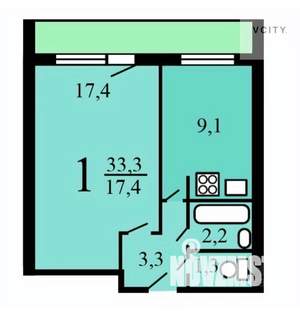 1-к квартира, вторичка, 33м2, 6/9 этаж