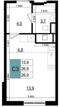 Студия квартира, вторичка, 28м2, 9/25 этаж