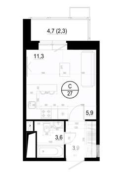 Студия квартира, вторичка, 27м2, 11/19 этаж