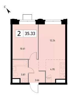 2-к квартира, вторичка, 35м2, 3/17 этаж