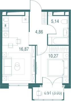1-к квартира, строящийся дом, 38м2, 24/24 этаж