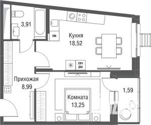 1-к квартира, строящийся дом, 46м2, 18/24 этаж