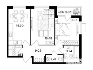 2-к квартира, строящийся дом, 63м2, 19/24 этаж