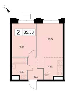 2-к квартира, вторичка, 35м2, 17/17 этаж