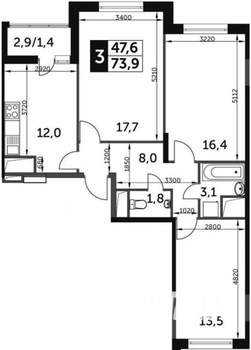 3-к квартира, вторичка, 75м2, 4/25 этаж