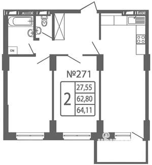 2-к квартира, вторичка, 63м2, 14/24 этаж