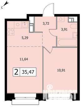 2-к квартира, вторичка, 35м2, 7/17 этаж