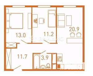 2-к квартира, вторичка, 60м2, 2/25 этаж